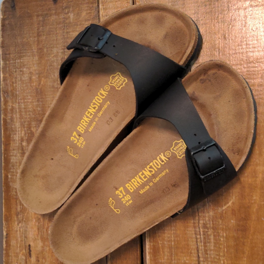 Birkenstock Madrid Size 37 with signature Cork sole. Birko-Flor Black